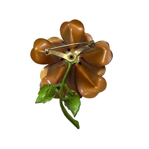 Vtg Brown Metal Large Flower layered Brooch & Clip on Earring Set Retro MCM - Picture 5 of 6